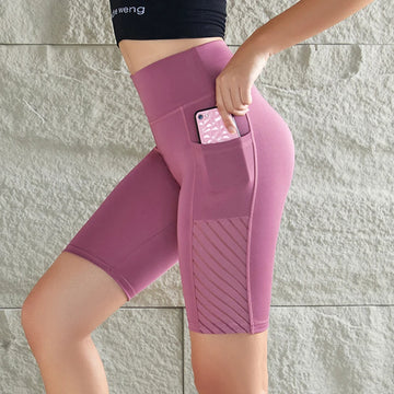 Shorts Esportivos Femininos com Cintura Alta – Bolso para Celular e Tela Respirável